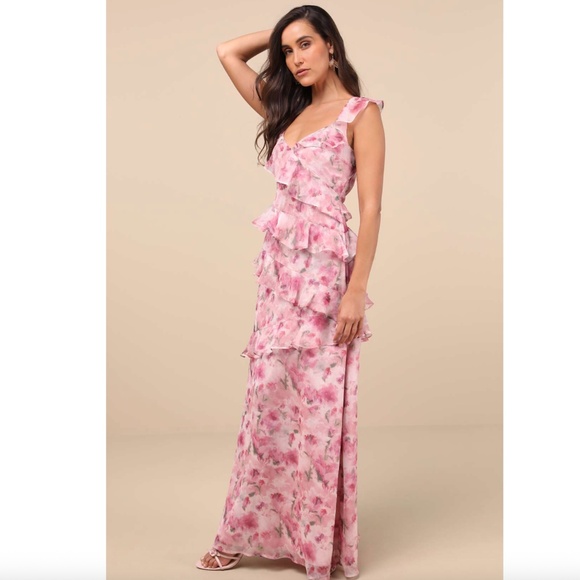 New Lulus Evangeline Backless Pink Floral Ruffled Maxi Dress - Size M - Picture 2 of 5